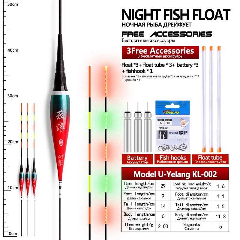 ✨ 3PCS Nano Electric Fishing Floats Set with CR425 Batteries & Hooks – Luminous Freshwater Night Fishing Accessories 🎣