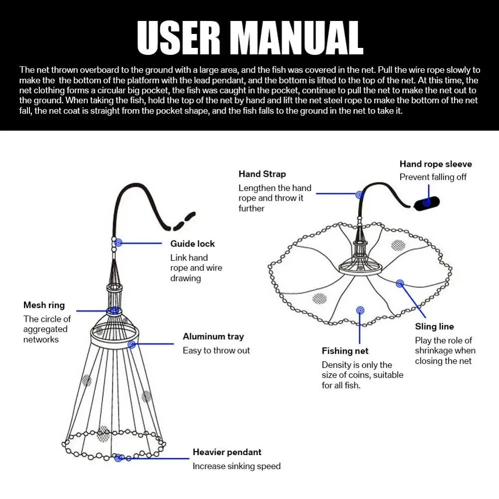 🎣 Premium Saltwater Fishing Cast Net 3ft/4ft/5ft/6ft/8ft – Easy Throw Bait Trap with Heavy-Duty Zinc Sinkers