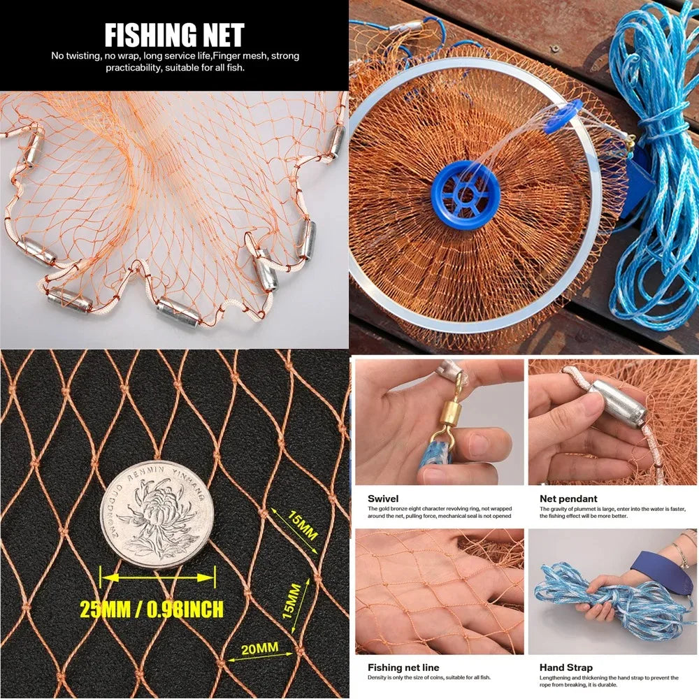 🎣 Premium Saltwater Fishing Cast Net 3ft/4ft/5ft/6ft/8ft – Easy Throw Bait Trap with Heavy-Duty Zinc Sinkers