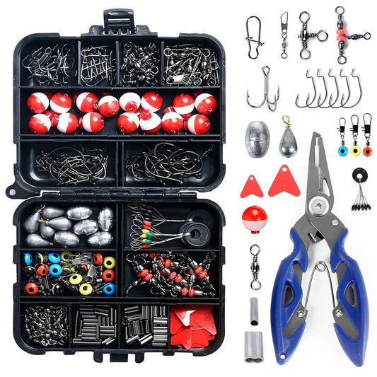 263PCS Professional Fishing Kit with Tackle Box & Multifunction Pliers – Hooks, Sinkers, Swivels & Weights for Freshwater & Saltwater Fishing