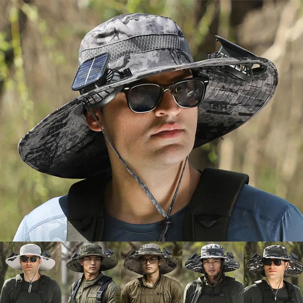 Solar-Powered Fan Hat for Outdoor Activities – Wide Brim Sun Protection with USB Charging & Solar Charging