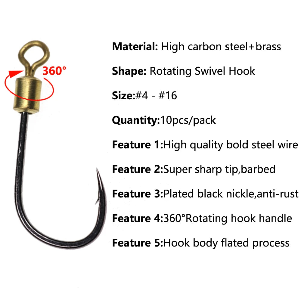 10pcs High Carbon Steel 360° Rotating Swivel Hooks for Freshwater & Saltwater Fishing