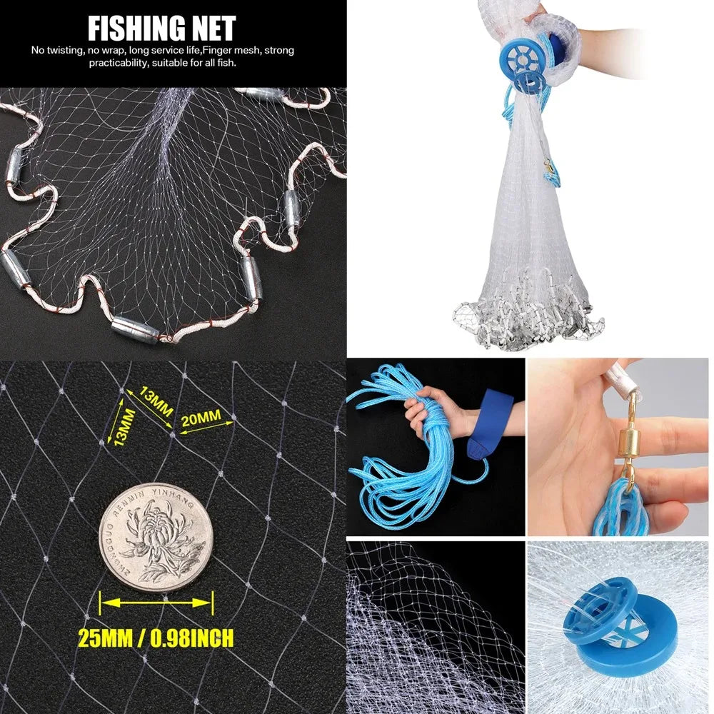 🎣 Premium Saltwater Fishing Cast Net 3ft/4ft/5ft/6ft/8ft – Easy Throw Bait Trap with Heavy-Duty Zinc Sinkers