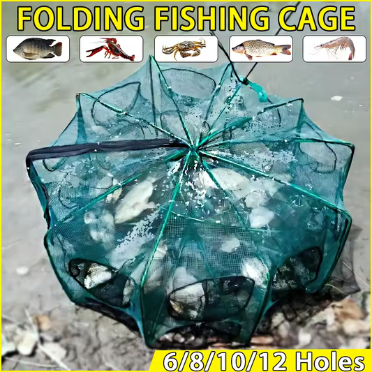 🦀 ProFold™ Foldable Nylon Fishing Trap Net – 6/8/10/12 Holes for Crayfish, Crab, Shrimp & More 🎣