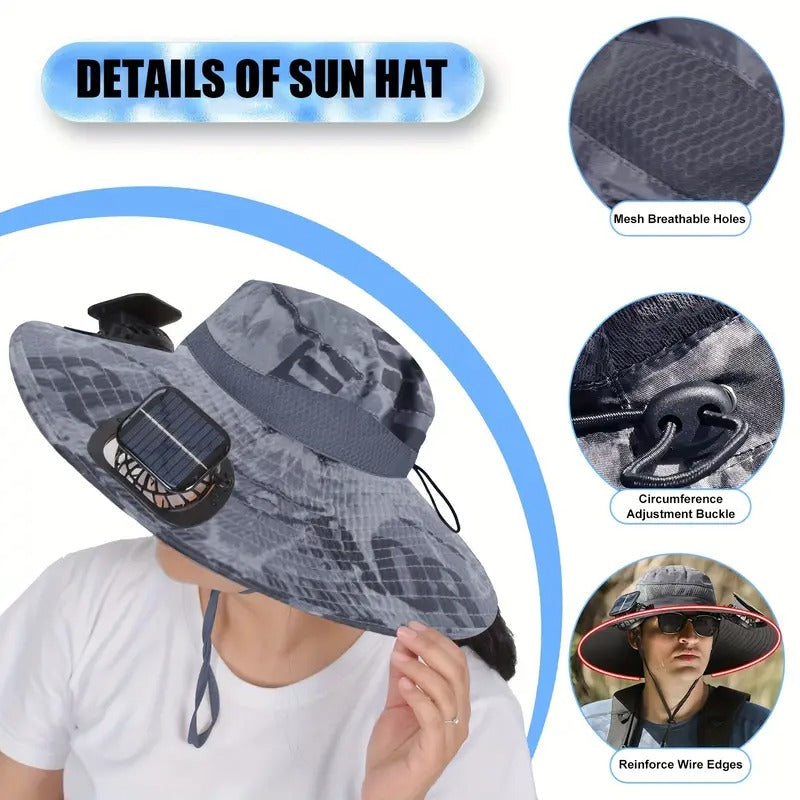 Solar-Powered Fan Hat for Outdoor Activities – Wide Brim Sun Protection with USB Charging & Solar Charging