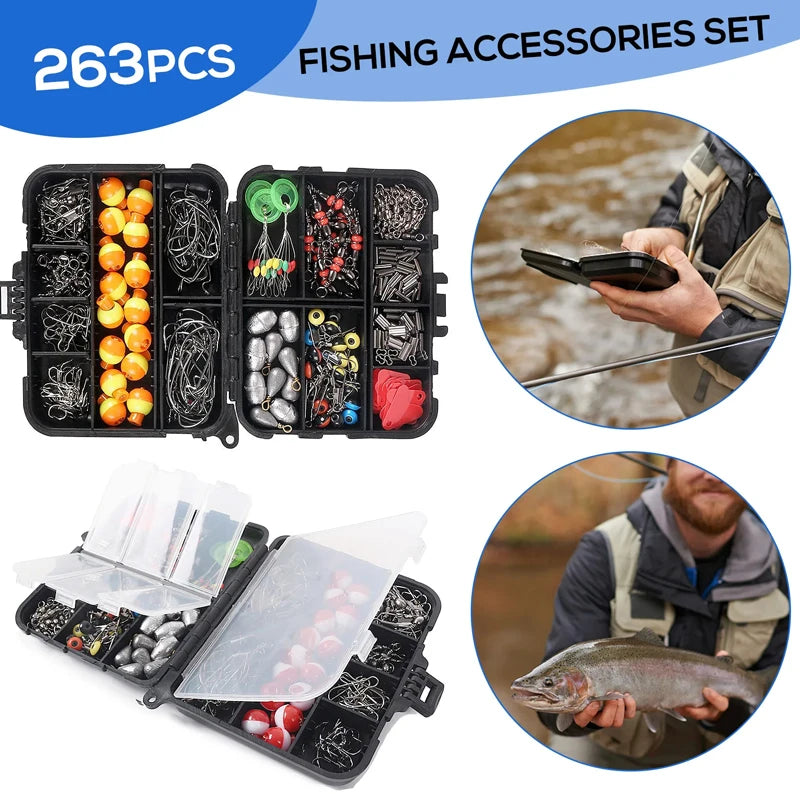 263PCS Professional Fishing Kit with Tackle Box & Multifunction Pliers – Hooks, Sinkers, Swivels & Weights for Freshwater & Saltwater Fishing