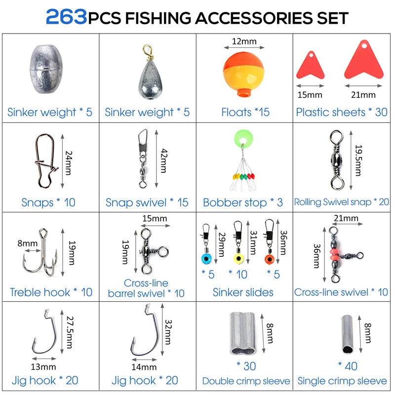 263PCS Professional Fishing Kit with Tackle Box & Multifunction Pliers – Hooks, Sinkers, Swivels & Weights for Freshwater & Saltwater Fishing