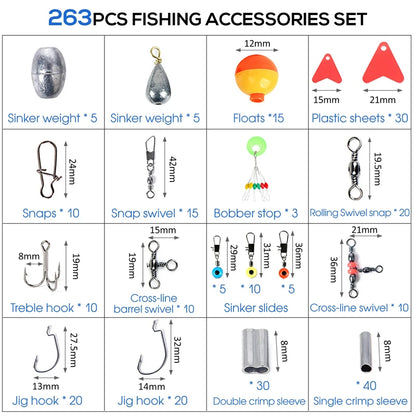 263PCS Professional Fishing Kit with Tackle Box & Multifunction Pliers – Hooks, Sinkers, Swivels & Weights for Freshwater & Saltwater Fishing