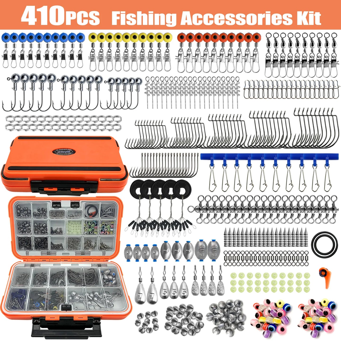 🎣 Premium 170–410PCS Professional Fishing Kit with Tackle Box – Hooks, Sinkers & Swivels for Bass, Trout & Saltwater Fishing