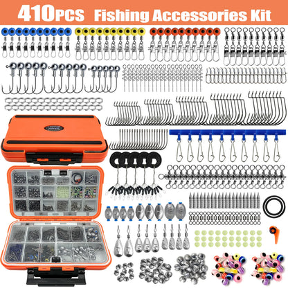 🎣 Premium 170–410PCS Professional Fishing Kit with Tackle Box – Hooks, Sinkers & Swivels for Bass, Trout & Saltwater Fishing