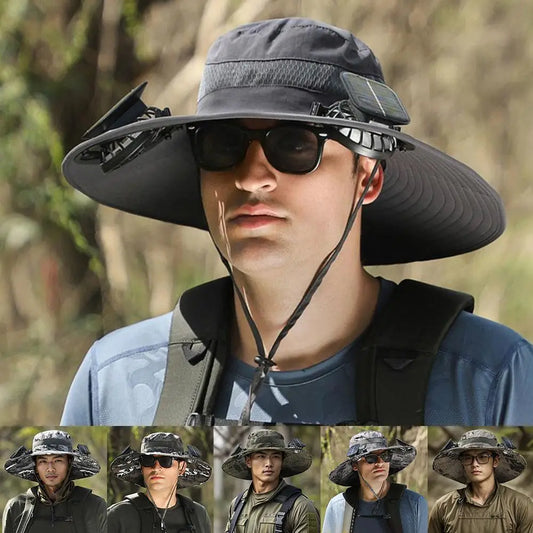 Solar-Powered Fan Hat for Outdoor Activities – Wide Brim Sun Protection with USB Charging & Solar Charging