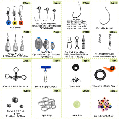 🎣 Premium 170–410PCS Professional Fishing Kit with Tackle Box – Hooks, Sinkers & Swivels for Bass, Trout & Saltwater Fishing
