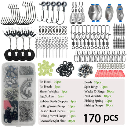🎣 Premium 170–410PCS Professional Fishing Kit with Tackle Box – Hooks, Sinkers & Swivels for Bass, Trout & Saltwater Fishing