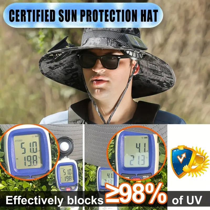 Solar-Powered Fan Hat for Outdoor Activities – Wide Brim Sun Protection with USB Charging & Solar Charging